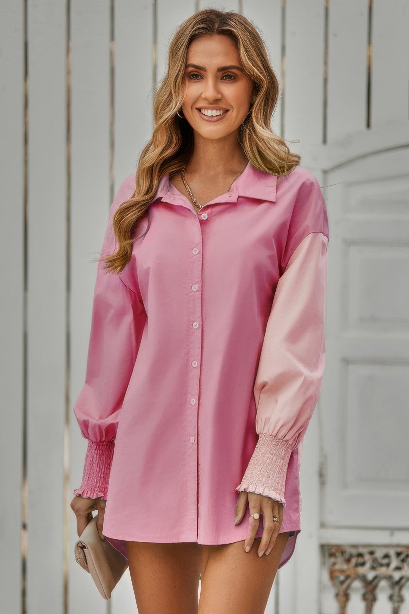 Color Block Button Down Cuffed Sleeves Blouse - All Season Fashion