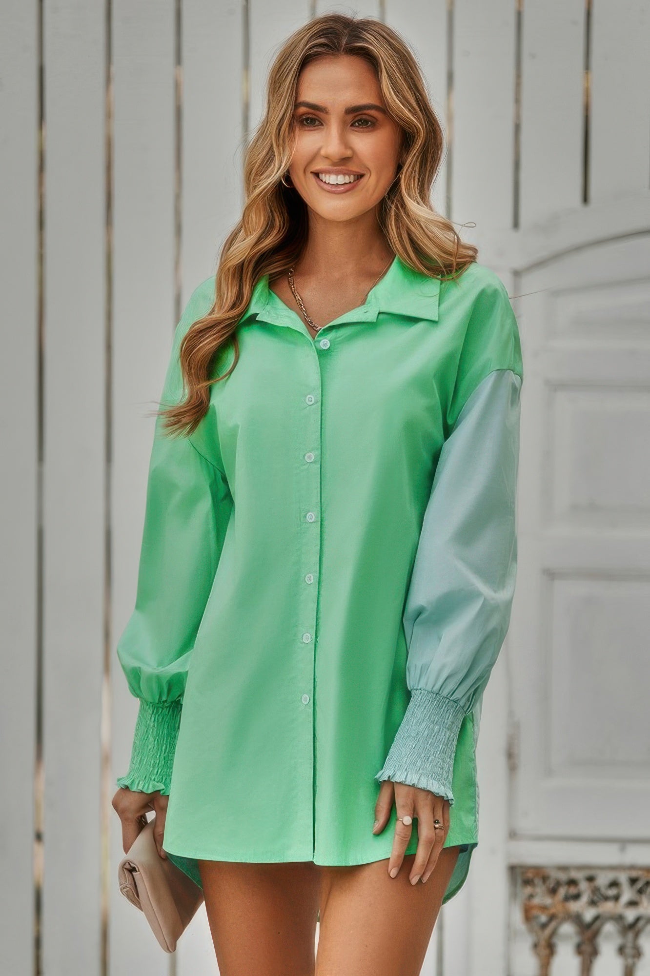 Color Block Button Down Cuffed Sleeves Blouse - All Season Fashion
