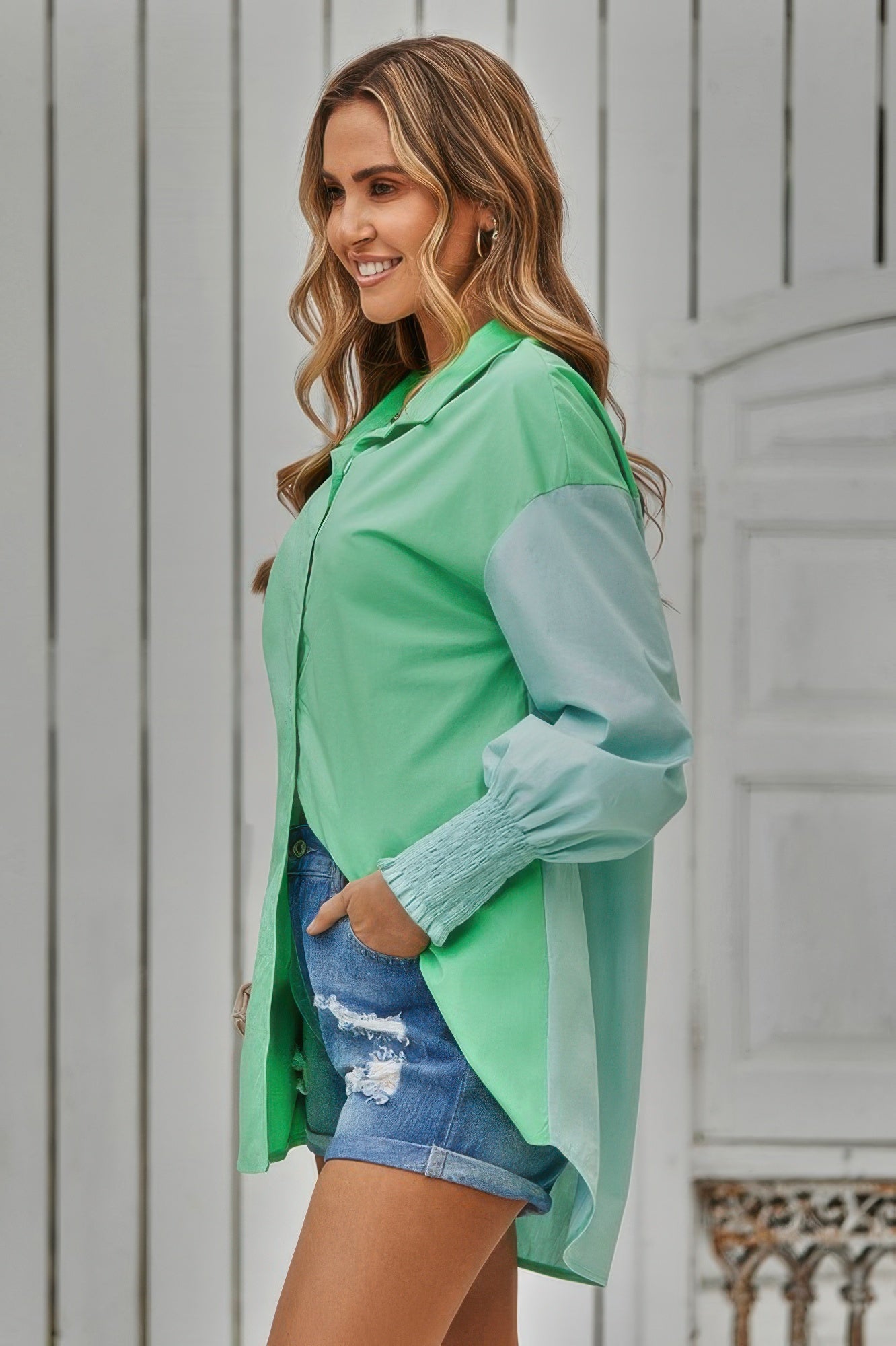 Color Block Button Down Cuffed Sleeves Blouse - All Season Fashion