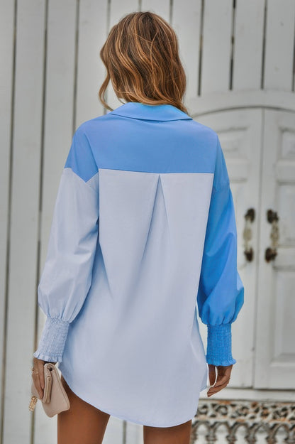 Color Block Button Down Cuffed Sleeves Blouse - All Season Fashion