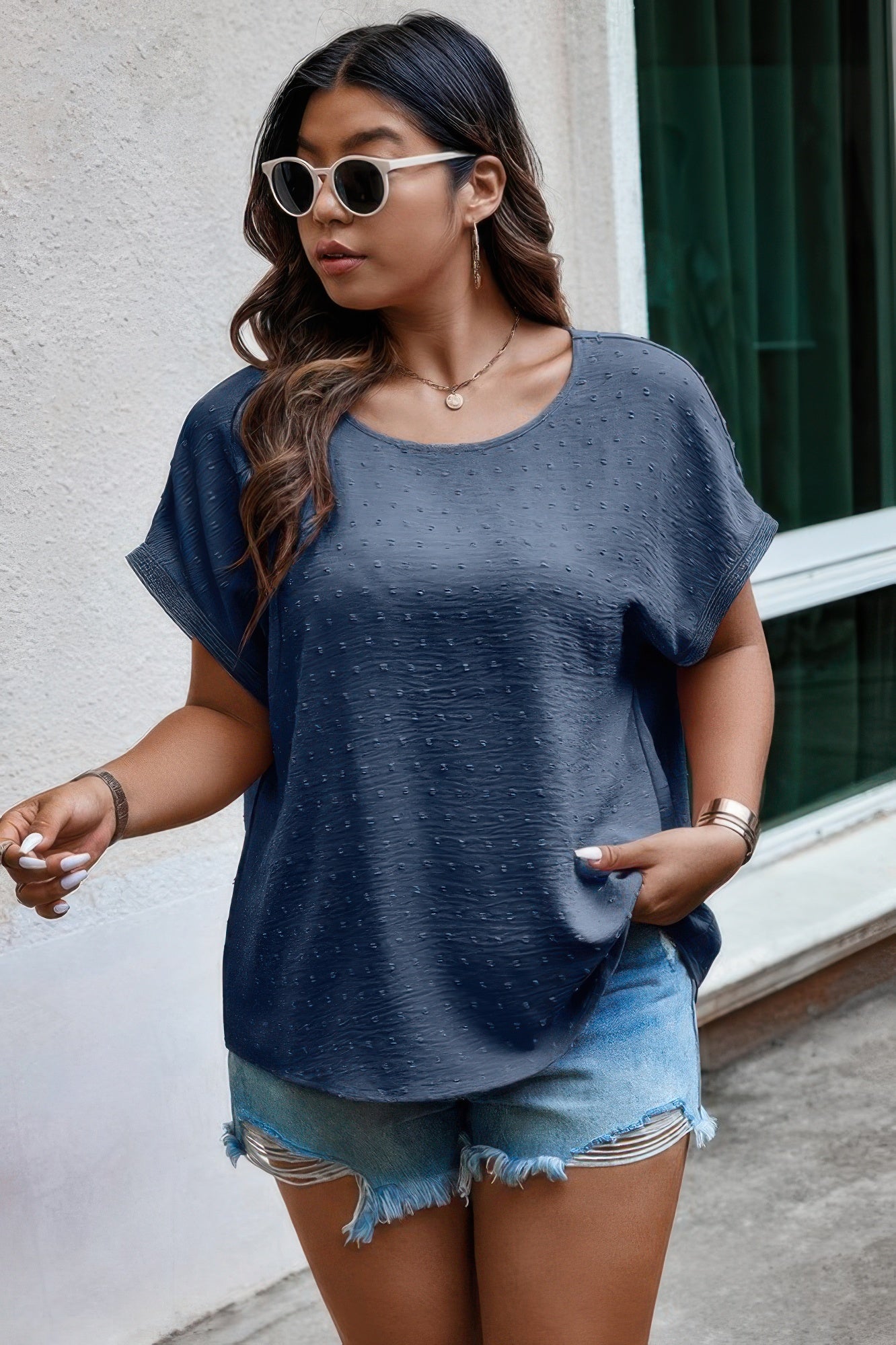 Plus Size Swiss Dot Solid Round Neck Loose Shirt - All Season Fashion