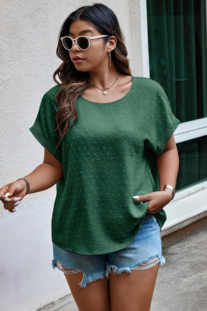 Plus Size Swiss Dot Solid Round Neck Loose Shirt - All Season Fashion