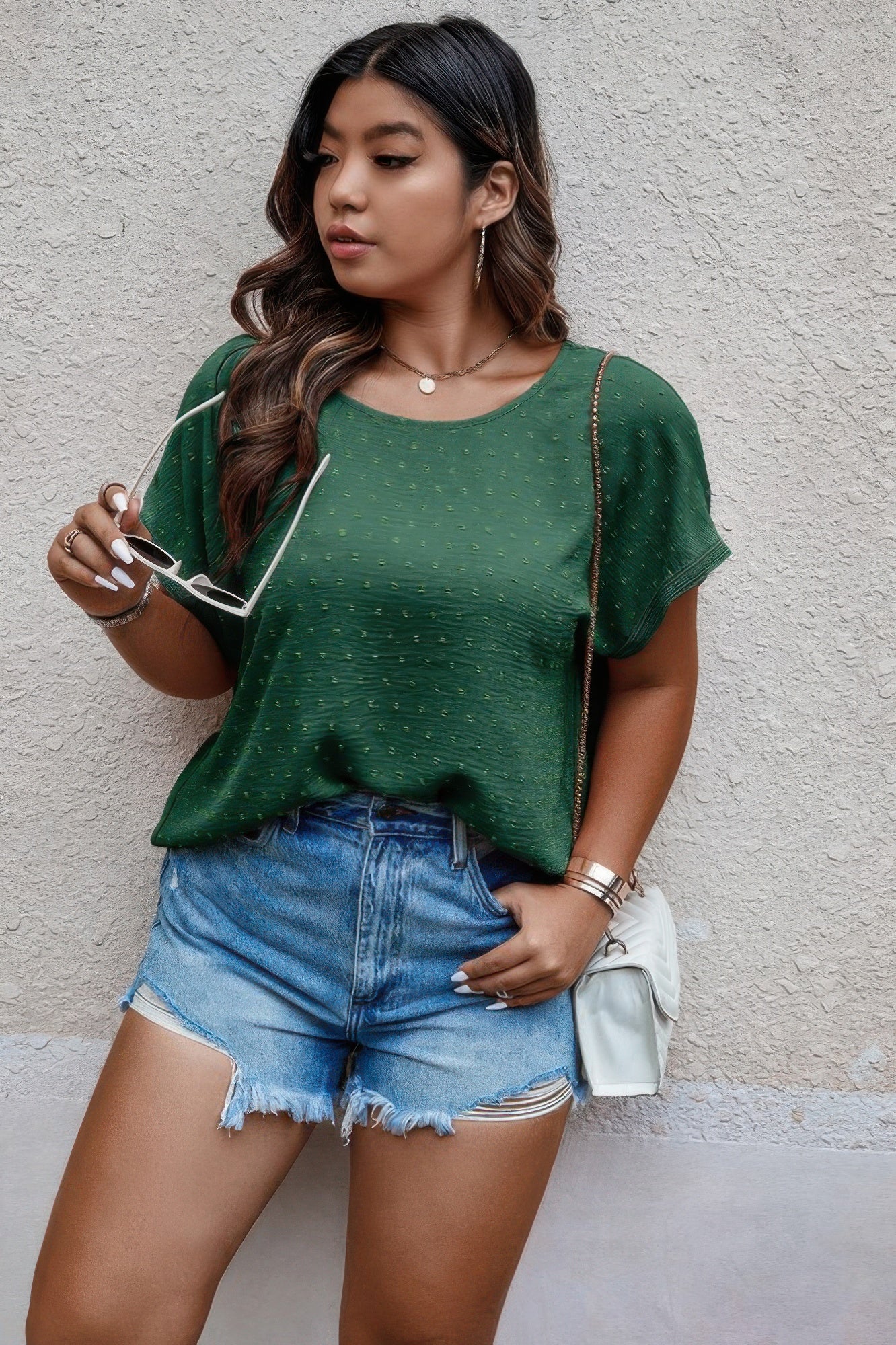 Plus Size Swiss Dot Solid Round Neck Loose Shirt - All Season Fashion