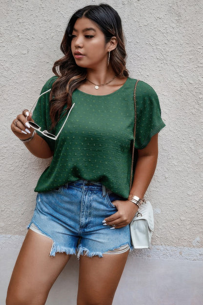 Plus Size Swiss Dot Solid Round Neck Loose Shirt - All Season Fashion