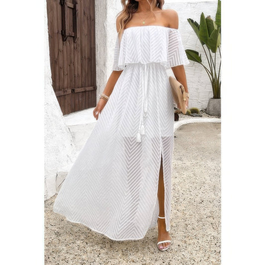 Off Shoulder Solid Tassel Ruffle Trim Split Dress - All Season Fashion