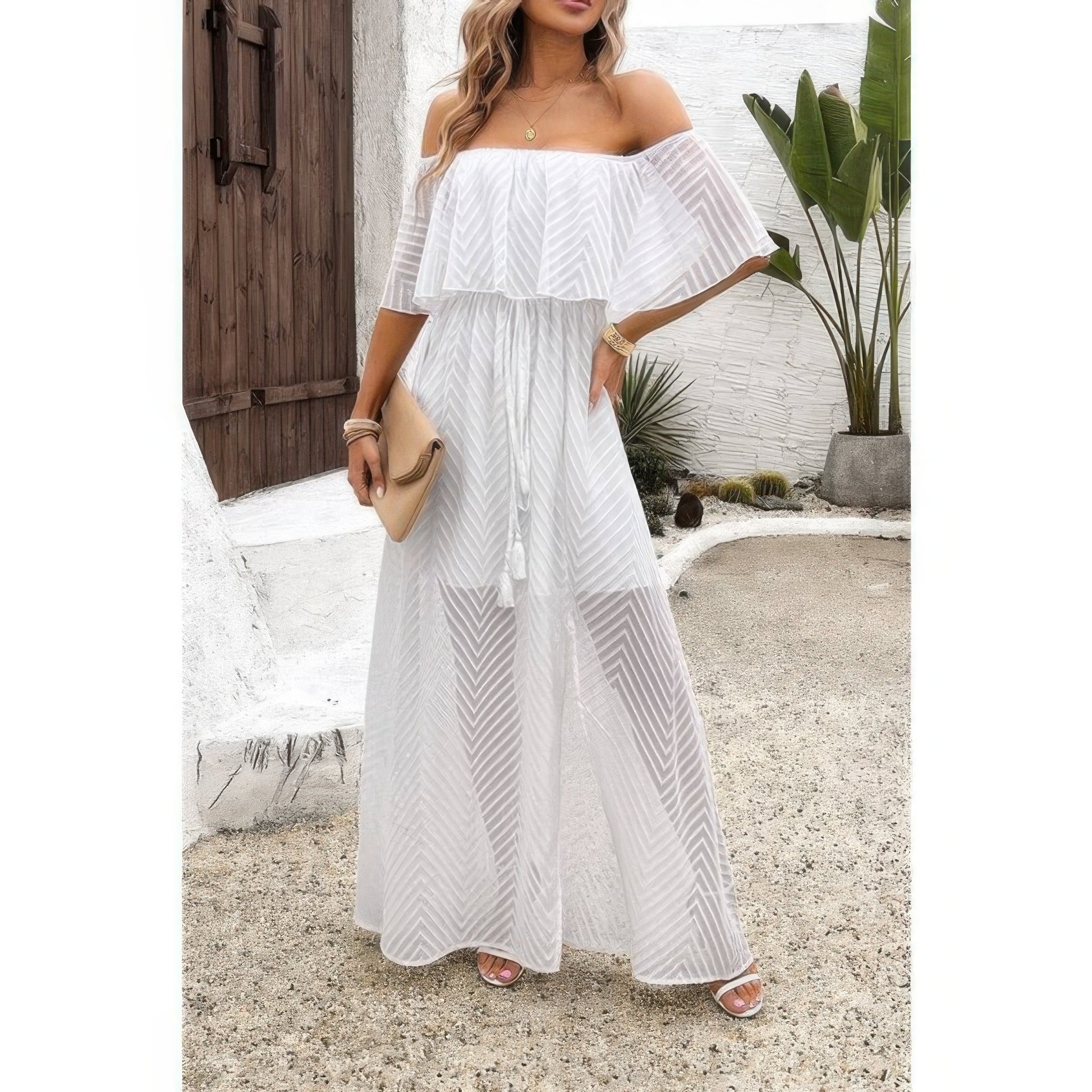 Off Shoulder Solid Tassel Ruffle Trim Split Dress - All Season Fashion