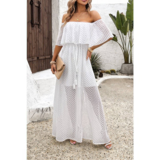 Off Shoulder Solid Tassel Ruffle Trim Split Dress - All Season Fashion