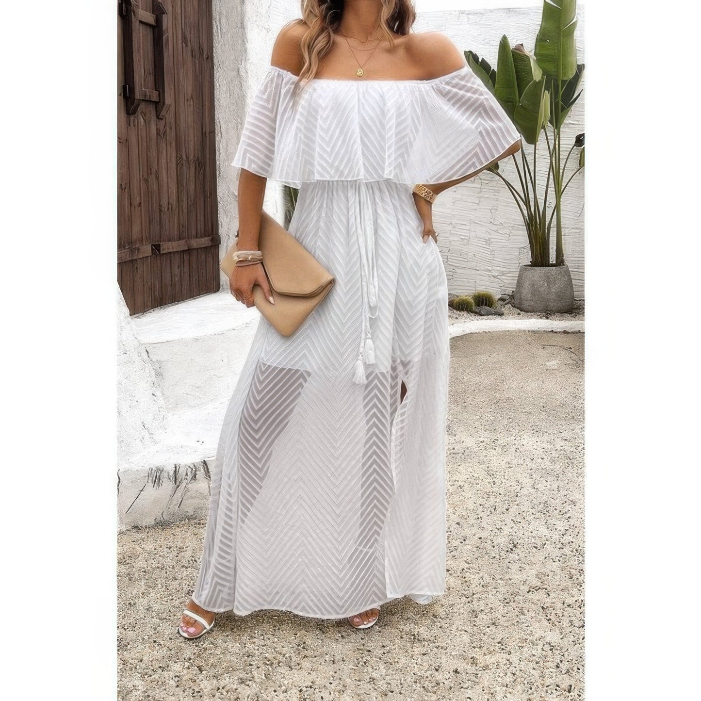 Off Shoulder Solid Tassel Ruffle Trim Split Dress - All Season Fashion