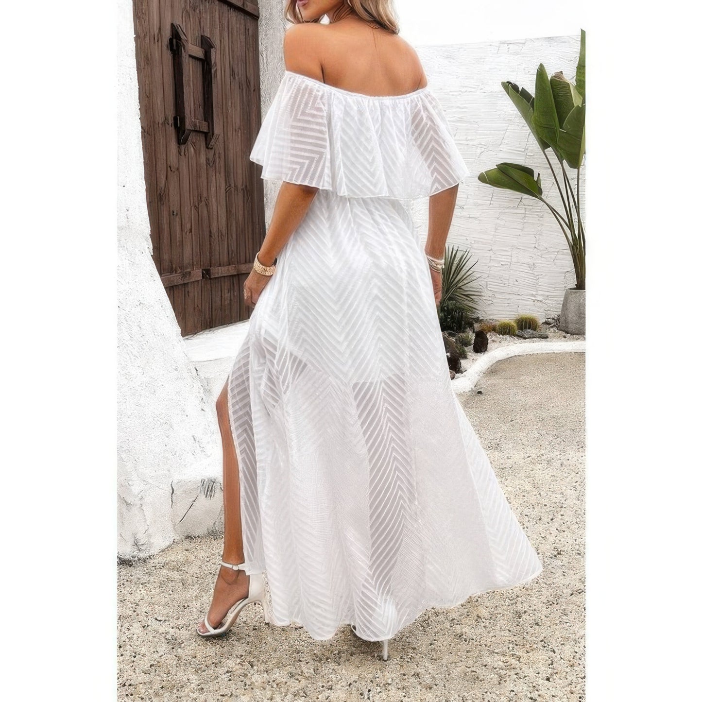 Off Shoulder Solid Tassel Ruffle Trim Split Dress - All Season Fashion