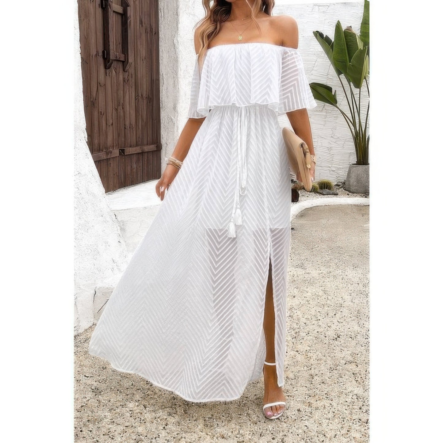 Off Shoulder Solid Tassel Ruffle Trim Split Dress - All Season Fashion