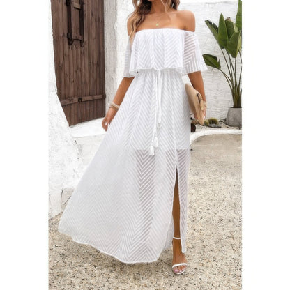 Off Shoulder Solid Tassel Ruffle Trim Split Dress - All Season Fashion
