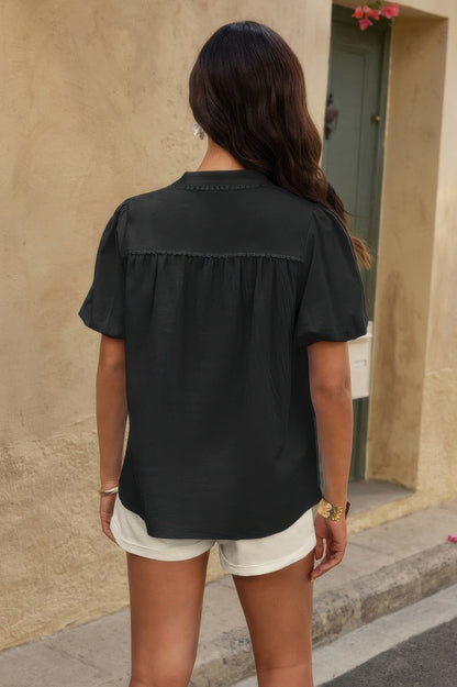 Button Down Lantern Puff Short Sleeve V Neck Top - All Season Fashion