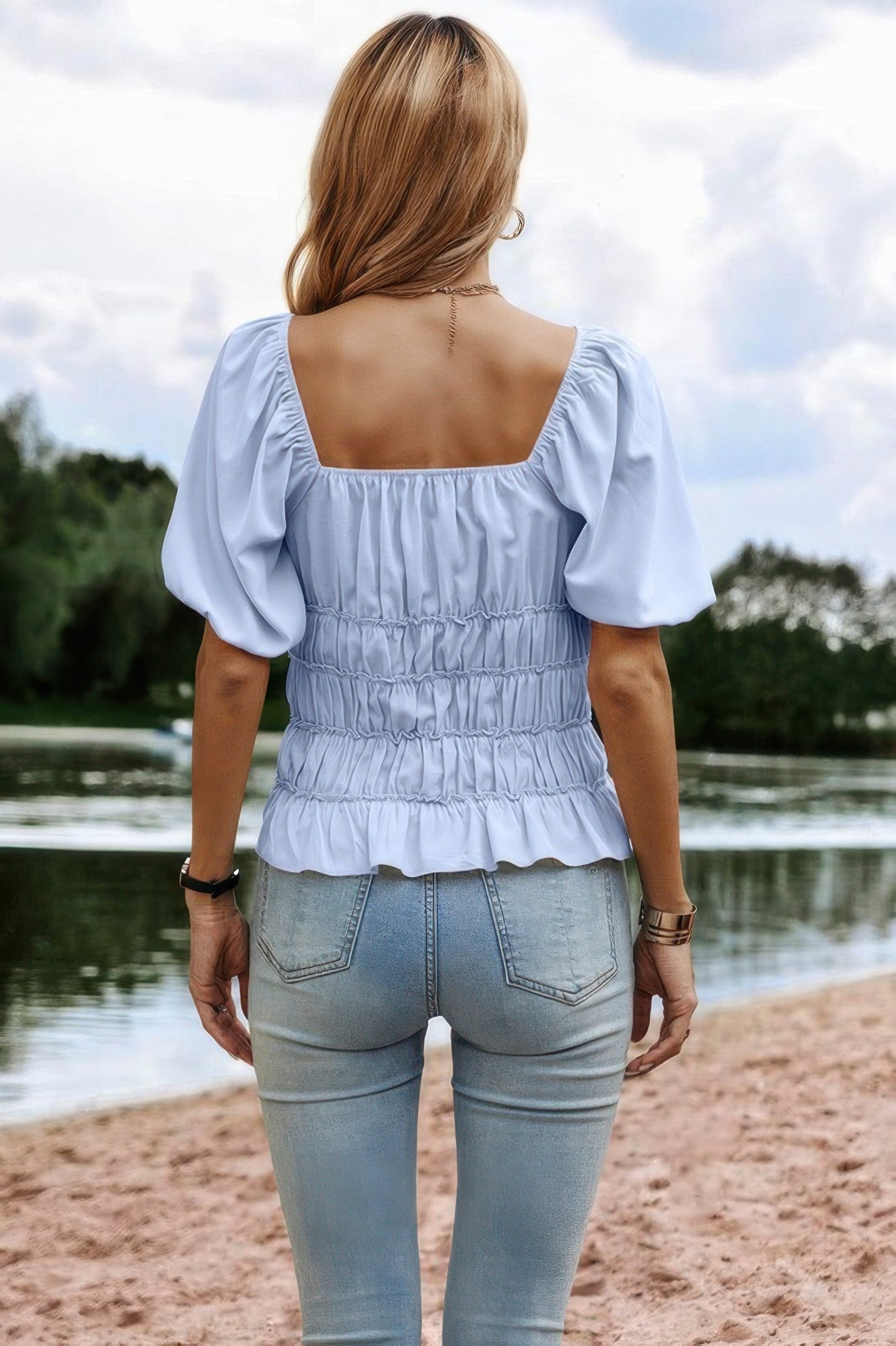 Solid Square Neck Shirred Flounce Sleeve Peplum Blouse - All Season Fashion