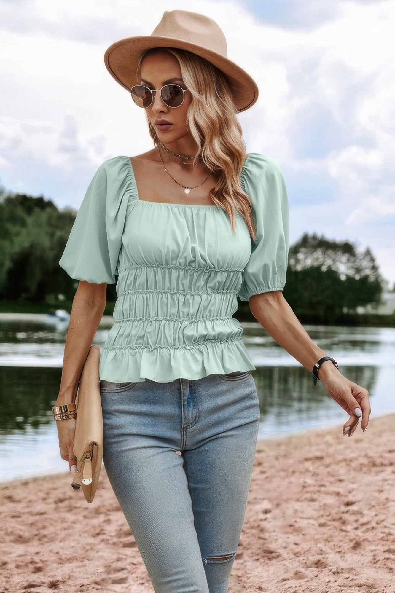 Solid Square Neck Shirred Flounce Sleeve Peplum Blouse - All Season Fashion