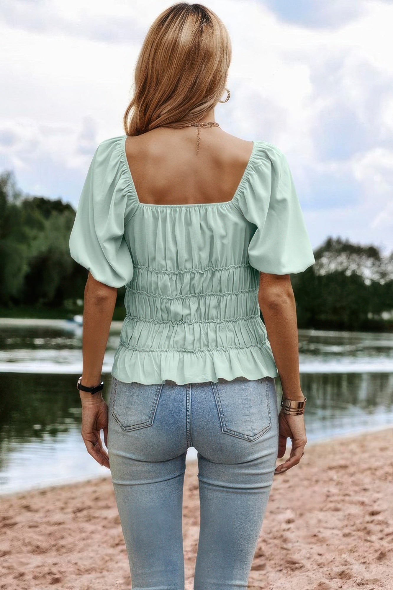 Solid Square Neck Shirred Flounce Sleeve Peplum Blouse - All Season Fashion