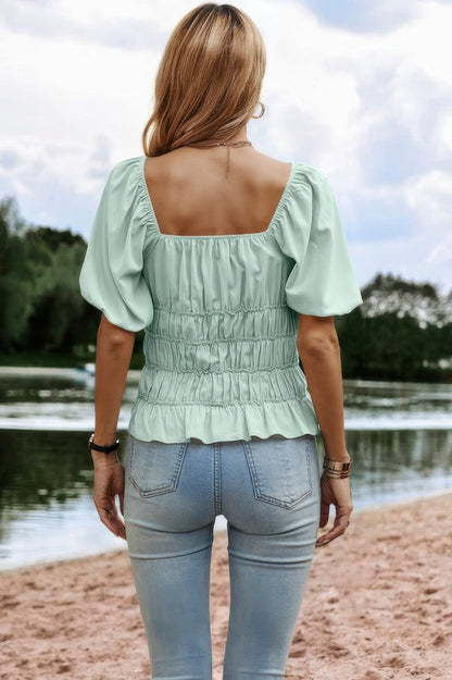 Solid Square Neck Shirred Flounce Sleeve Peplum Blouse - All Season Fashion