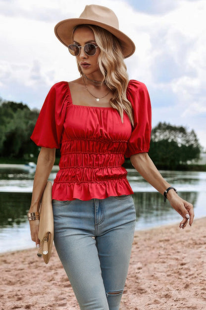 Solid Square Neck Shirred Flounce Sleeve Peplum Blouse - All Season Fashion