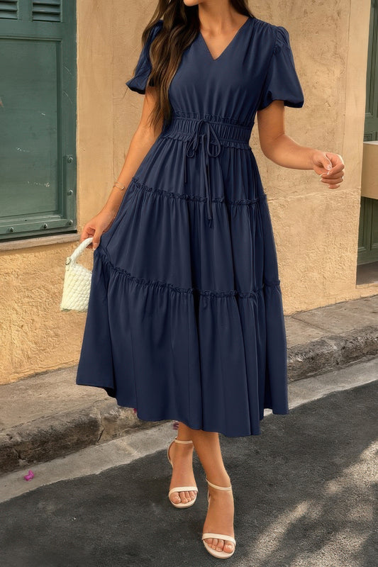 Solid Color Block Puff Sleeve Elastic Waist Dress - All Season Fashion