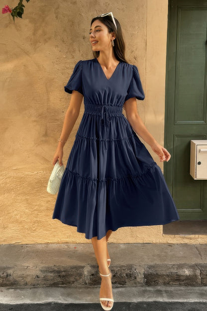 Solid Color Block Puff Sleeve Elastic Waist Dress - All Season Fashion