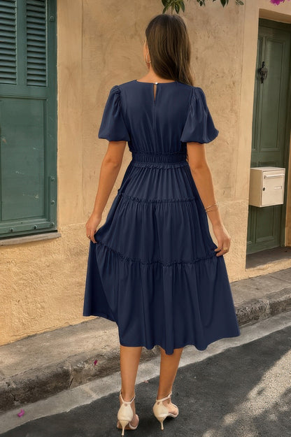 Solid Color Block Puff Sleeve Elastic Waist Dress - All Season Fashion
