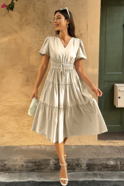 Solid Color Block Puff Sleeve Elastic Waist Dress - All Season Fashion