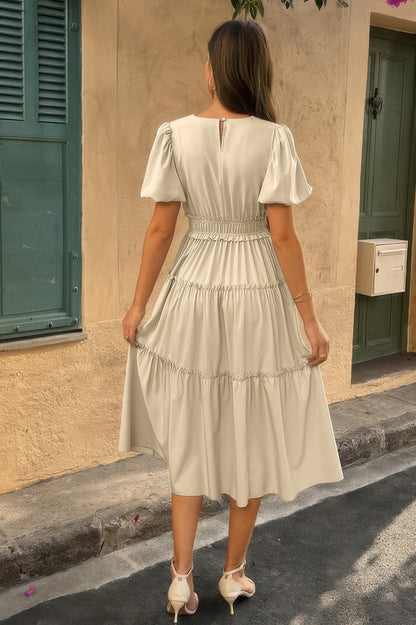 Solid Color Block Puff Sleeve Elastic Waist Dress - All Season Fashion