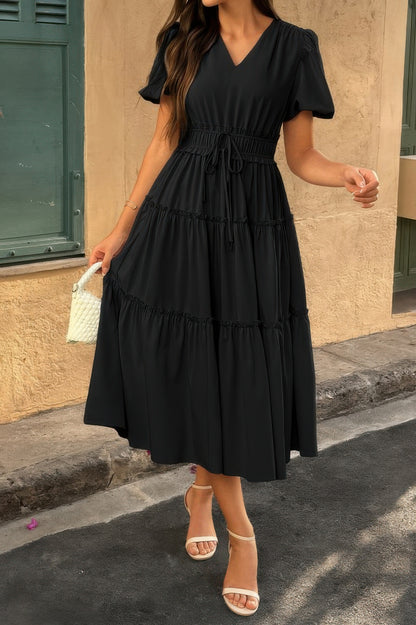 Solid Color Block Puff Sleeve Elastic Waist Dress - All Season Fashion