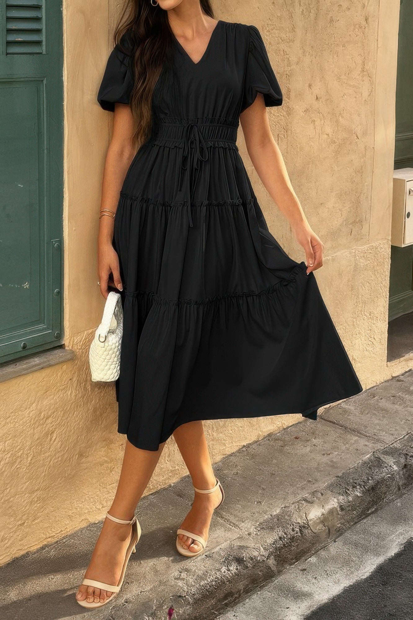 Solid Color Block Puff Sleeve Elastic Waist Dress - All Season Fashion