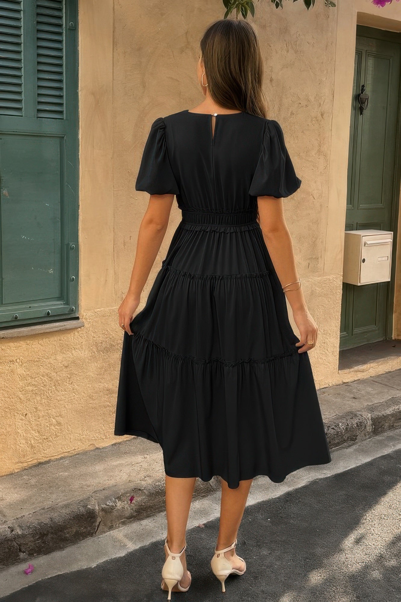 Solid Color Block Puff Sleeve Elastic Waist Dress - All Season Fashion