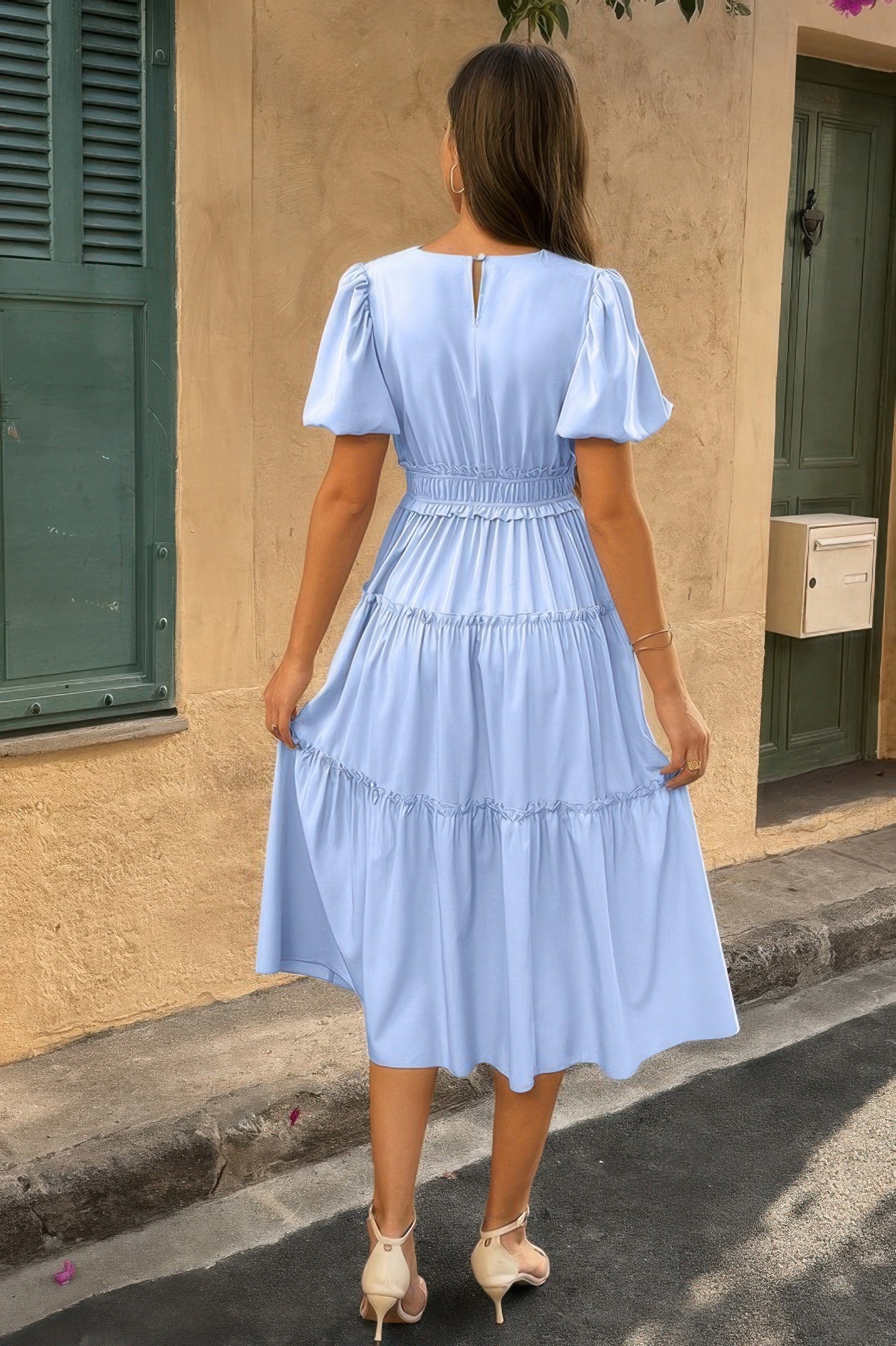 Solid Color Block Puff Sleeve Elastic Waist Dress - All Season Fashion