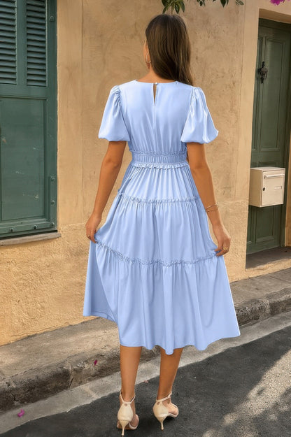 Solid Color Block Puff Sleeve Elastic Waist Dress - All Season Fashion