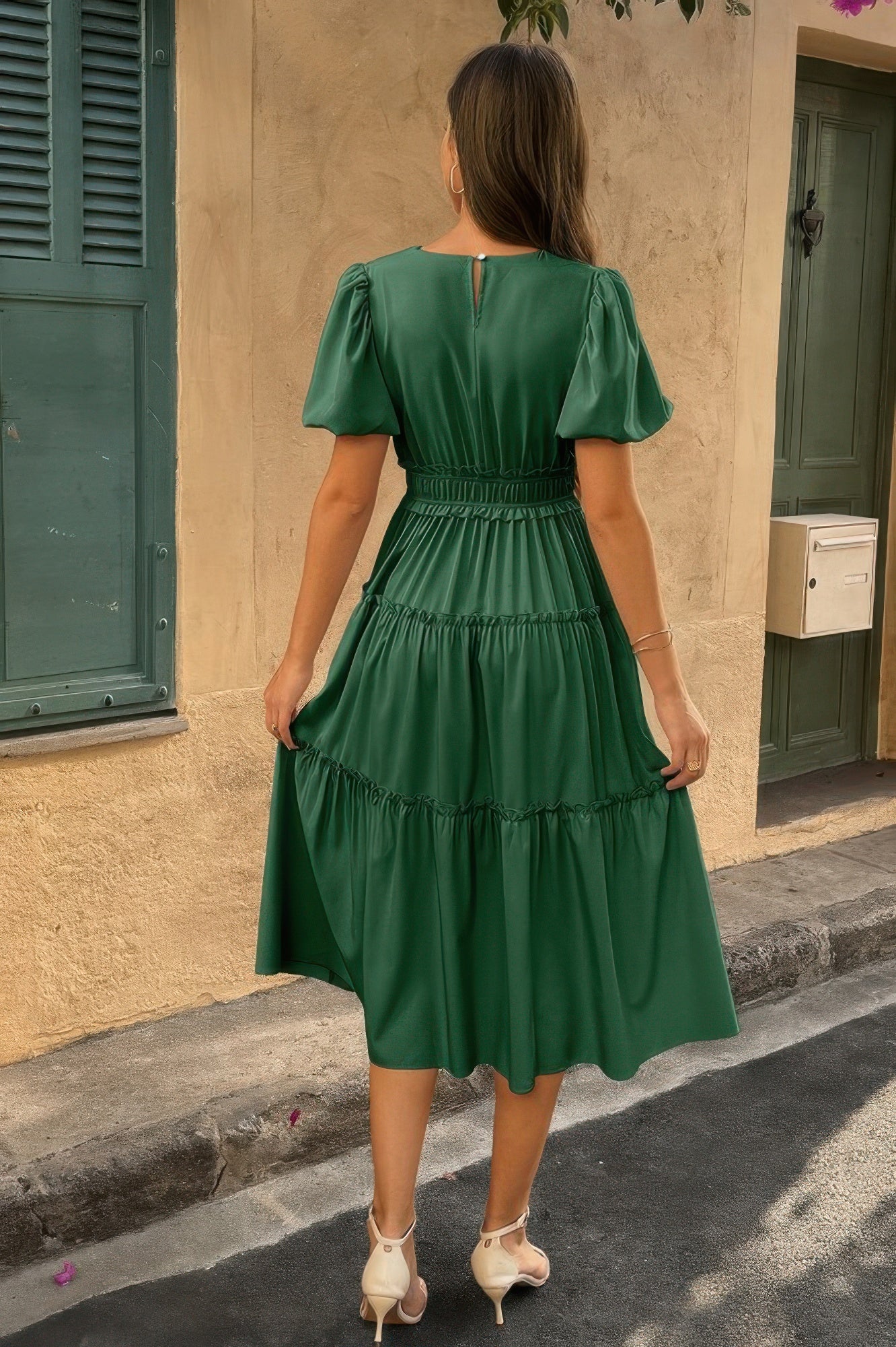 Solid Color Block Puff Sleeve Elastic Waist Dress - All Season Fashion