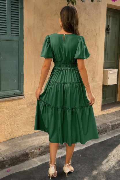 Solid Color Block Puff Sleeve Elastic Waist Dress - All Season Fashion