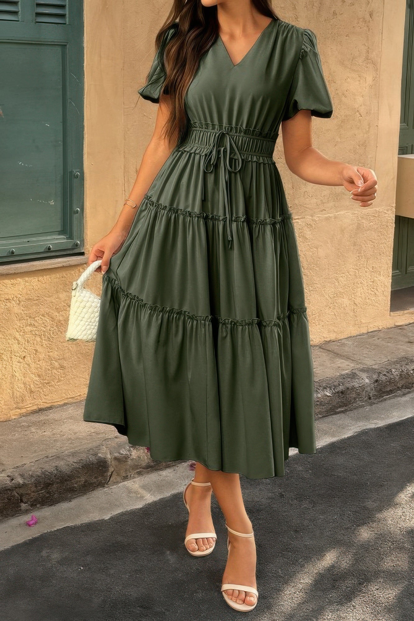 Solid Color Block Puff Sleeve Elastic Waist Dress - All Season Fashion