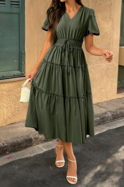 Solid Color Block Puff Sleeve Elastic Waist Dress - All Season Fashion
