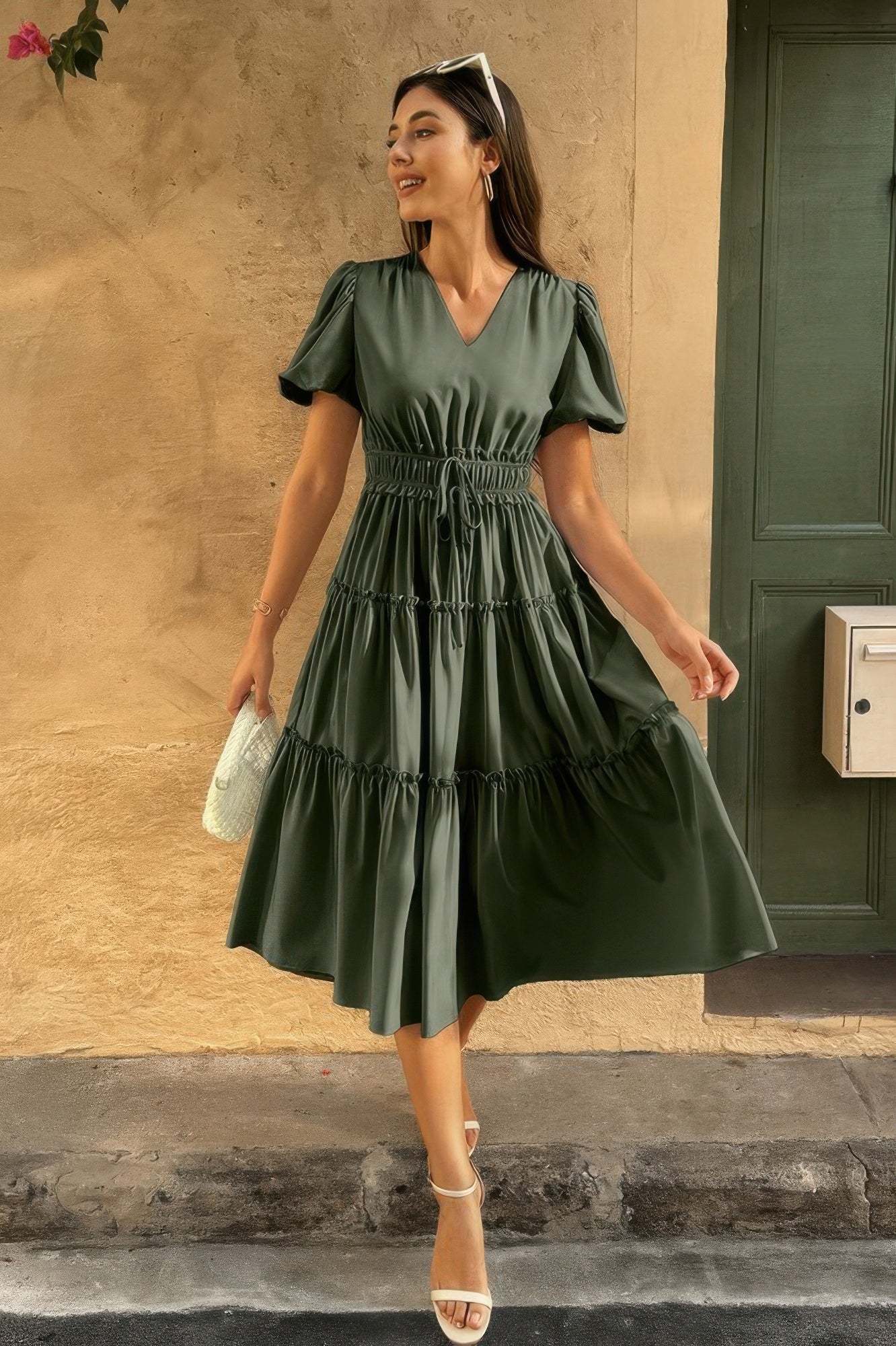 Solid Color Block Puff Sleeve Elastic Waist Dress - All Season Fashion