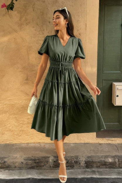 Solid Color Block Puff Sleeve Elastic Waist Dress - All Season Fashion