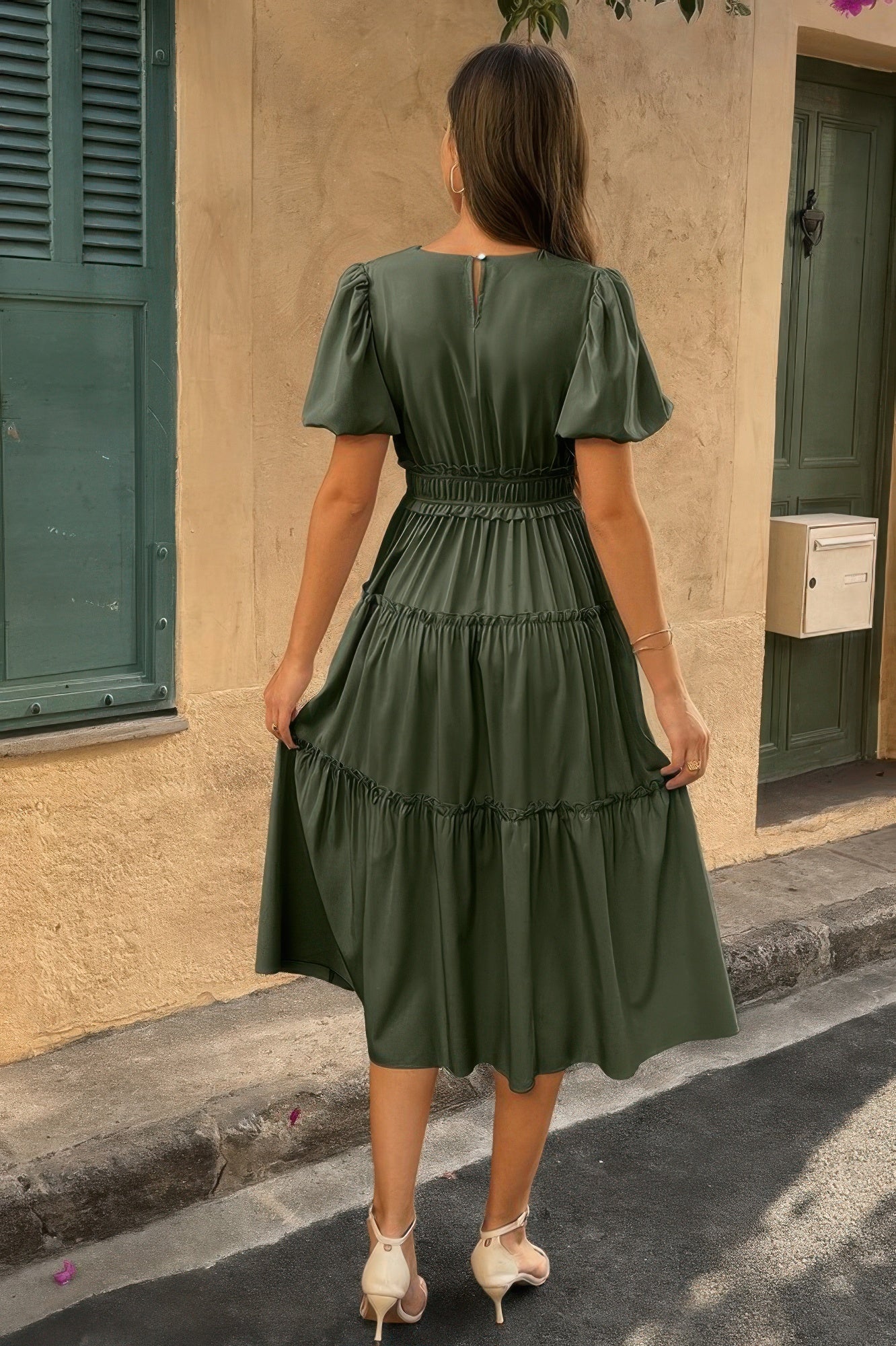 Solid Color Block Puff Sleeve Elastic Waist Dress - All Season Fashion