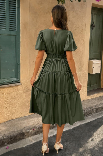 Solid Color Block Puff Sleeve Elastic Waist Dress - All Season Fashion