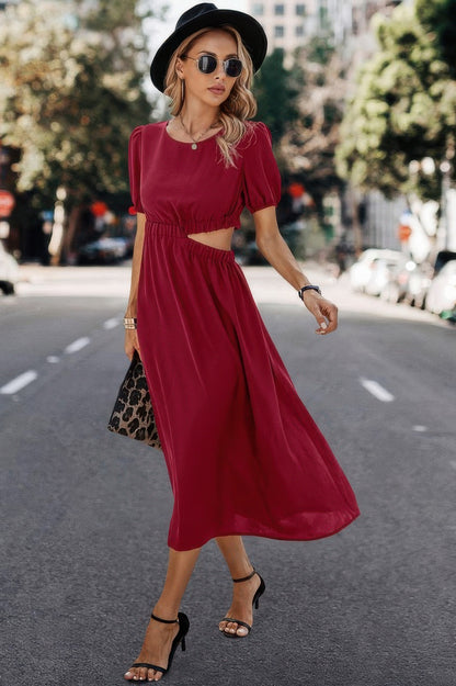 Solid Round Neck Cutout Waist A Line Midi Dress - All Season Fashion