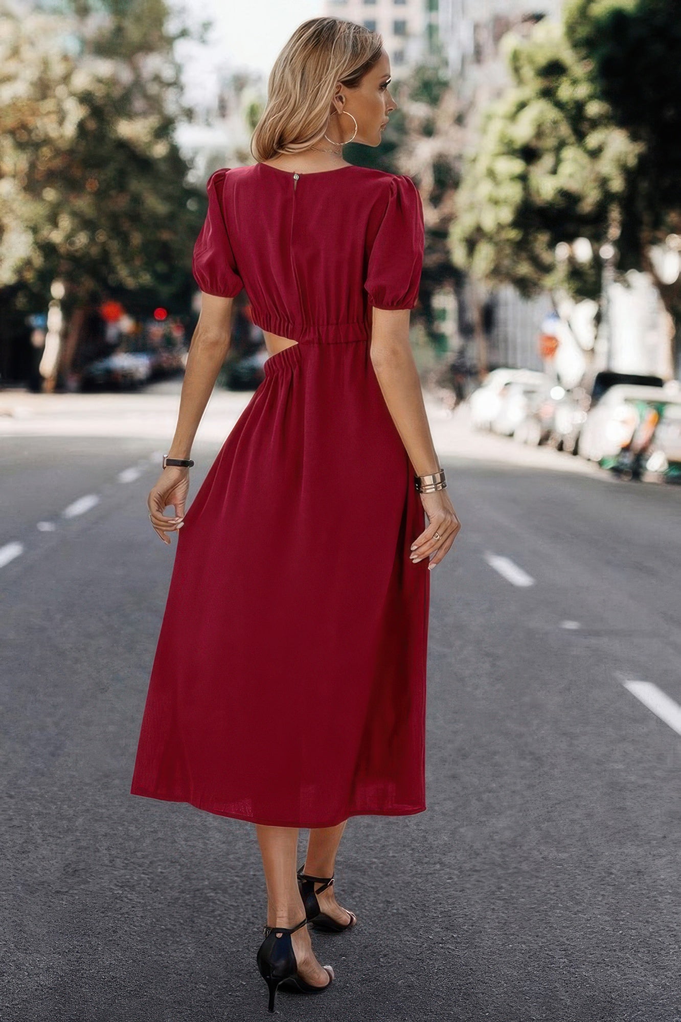 Solid Round Neck Cutout Waist A Line Midi Dress - All Season Fashion