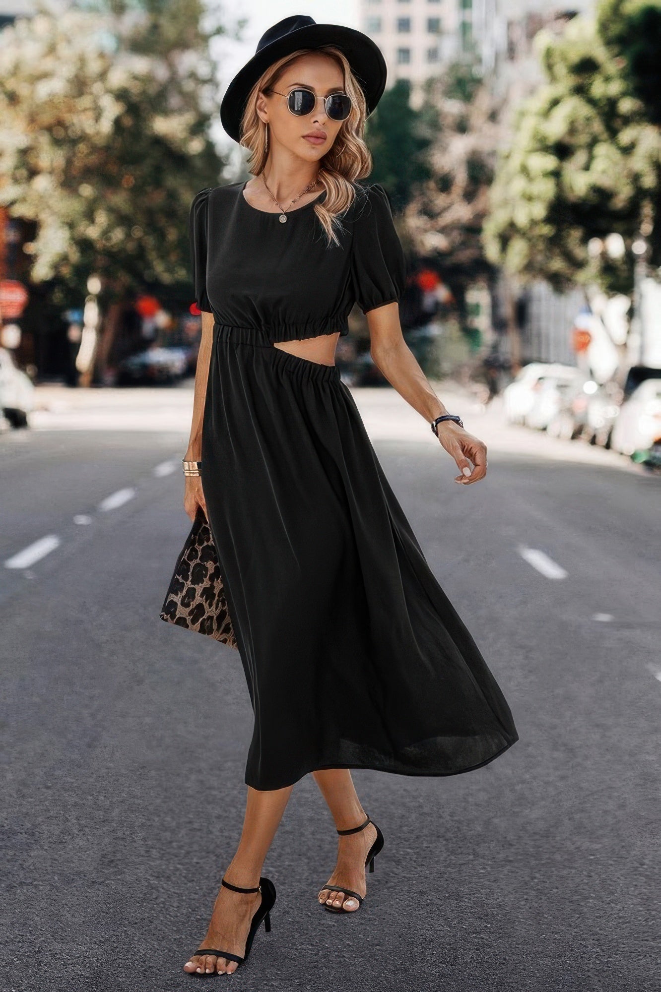 Solid Round Neck Cutout Waist A Line Midi Dress - All Season Fashion