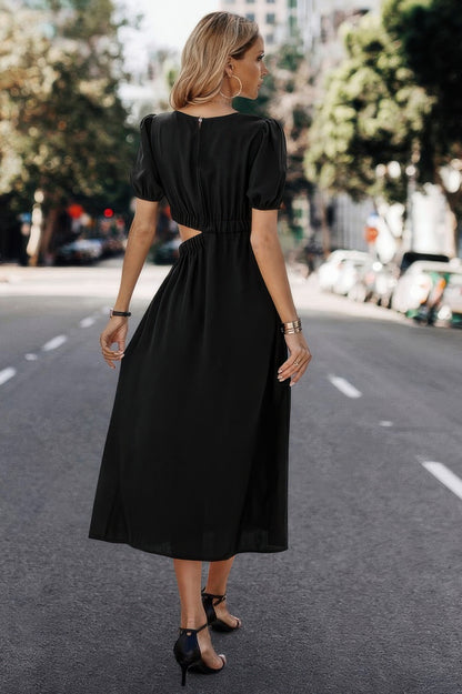 Solid Round Neck Cutout Waist A Line Midi Dress - All Season Fashion