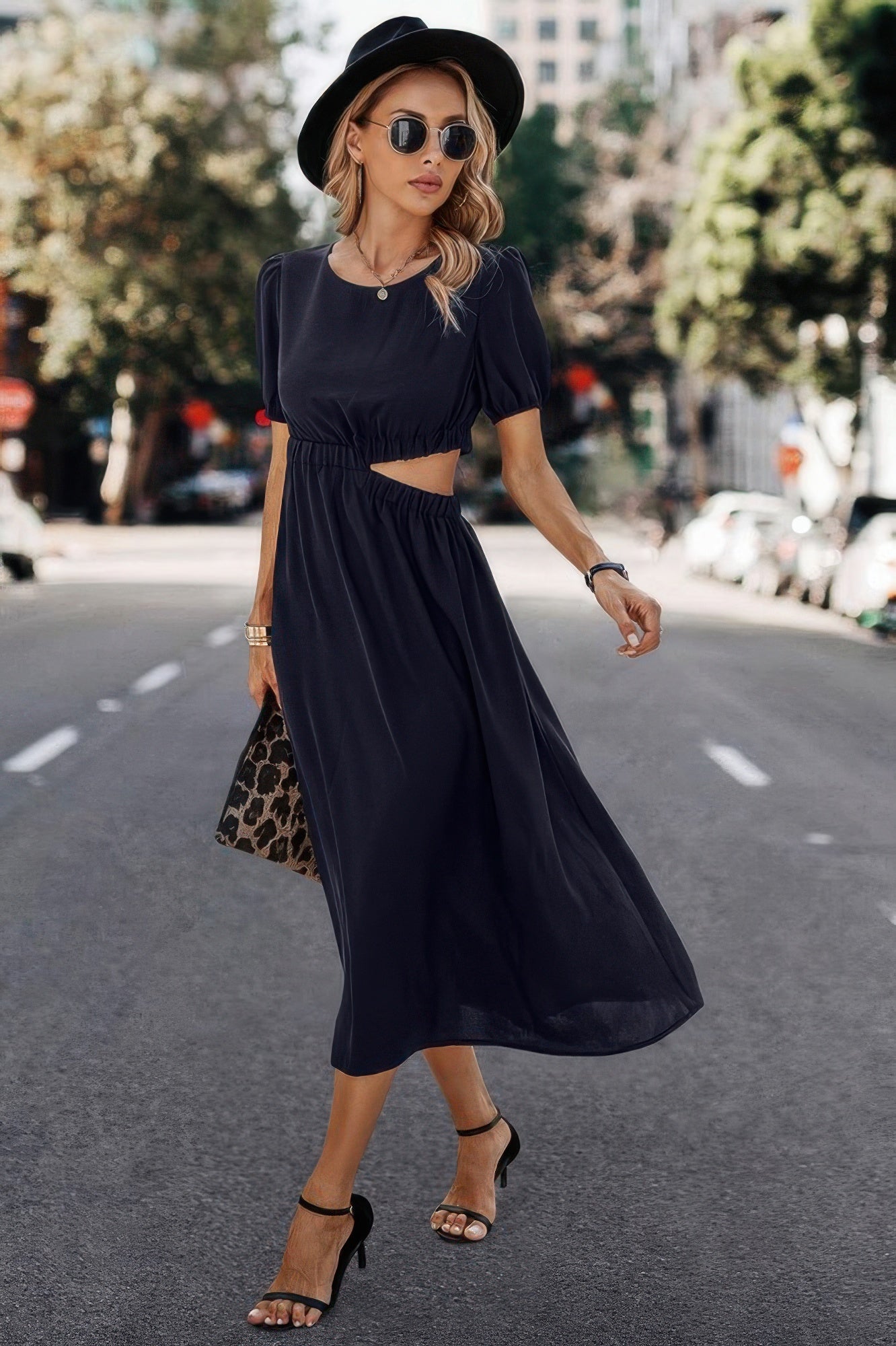 Solid Round Neck Cutout Waist A Line Midi Dress - All Season Fashion