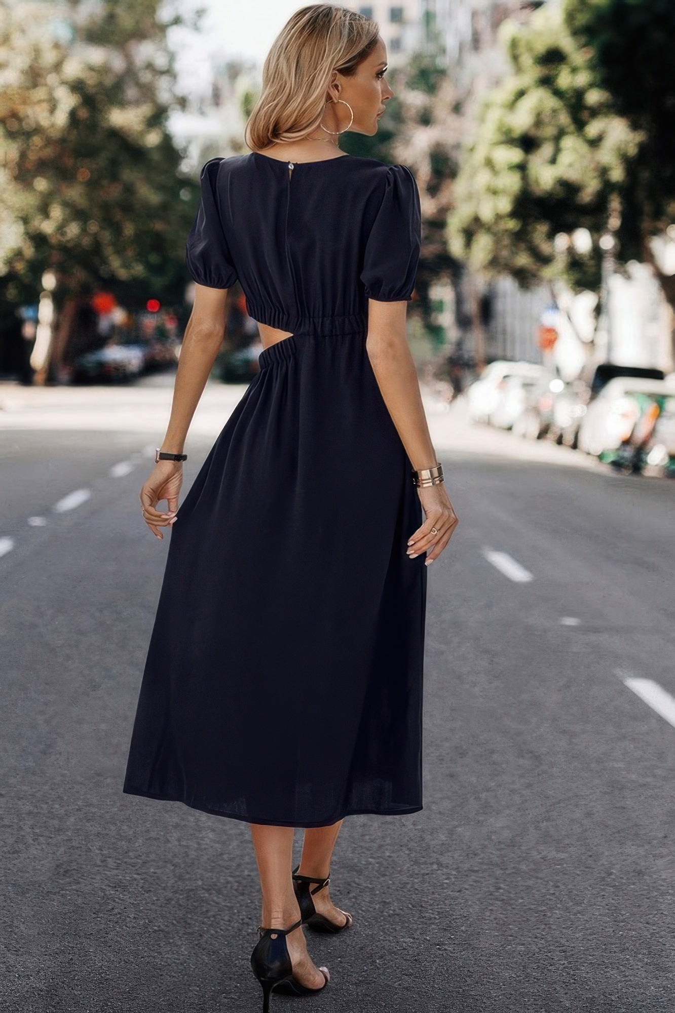 Solid Round Neck Cutout Waist A Line Midi Dress - All Season Fashion