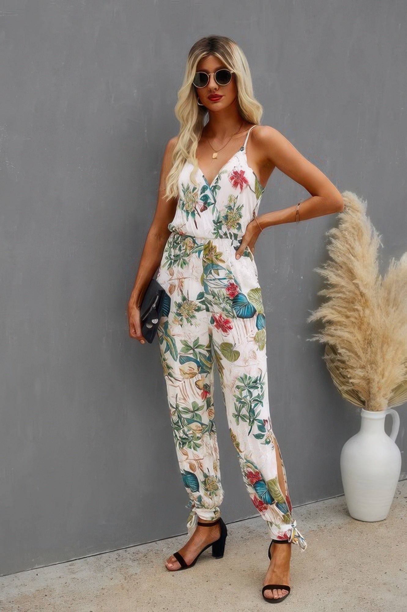Sleeveless Floral Print Knot Side Cami Jumpsuit - All Season Fashion