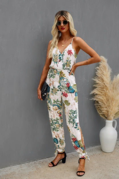 Sleeveless Floral Print Knot Side Cami Jumpsuit - All Season Fashion