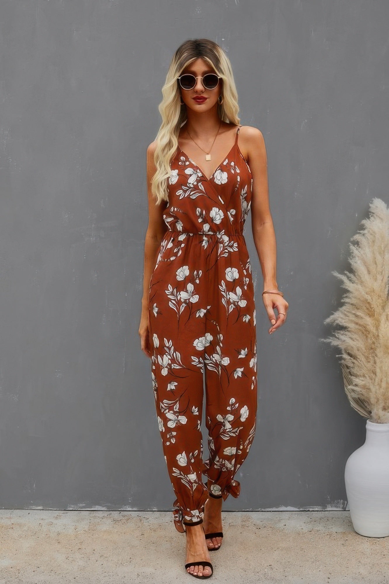Sleeveless Floral Print Knot Side Cami Jumpsuit - All Season Fashion