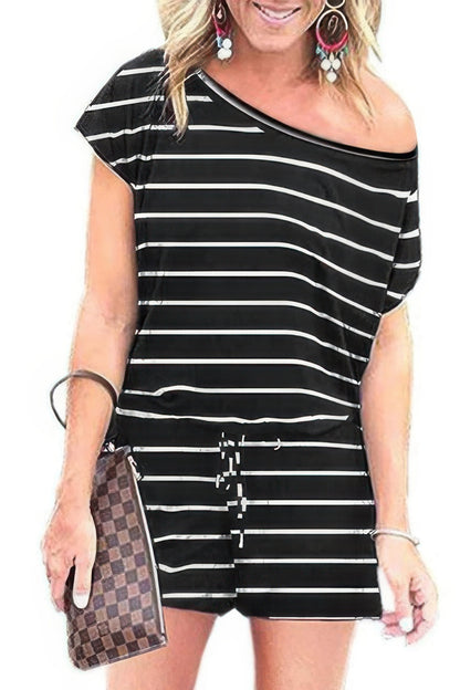 Striped Short Sleeve Drawstring Waist Romper - All Season Fashion