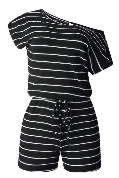 Striped Short Sleeve Drawstring Waist Romper - All Season Fashion